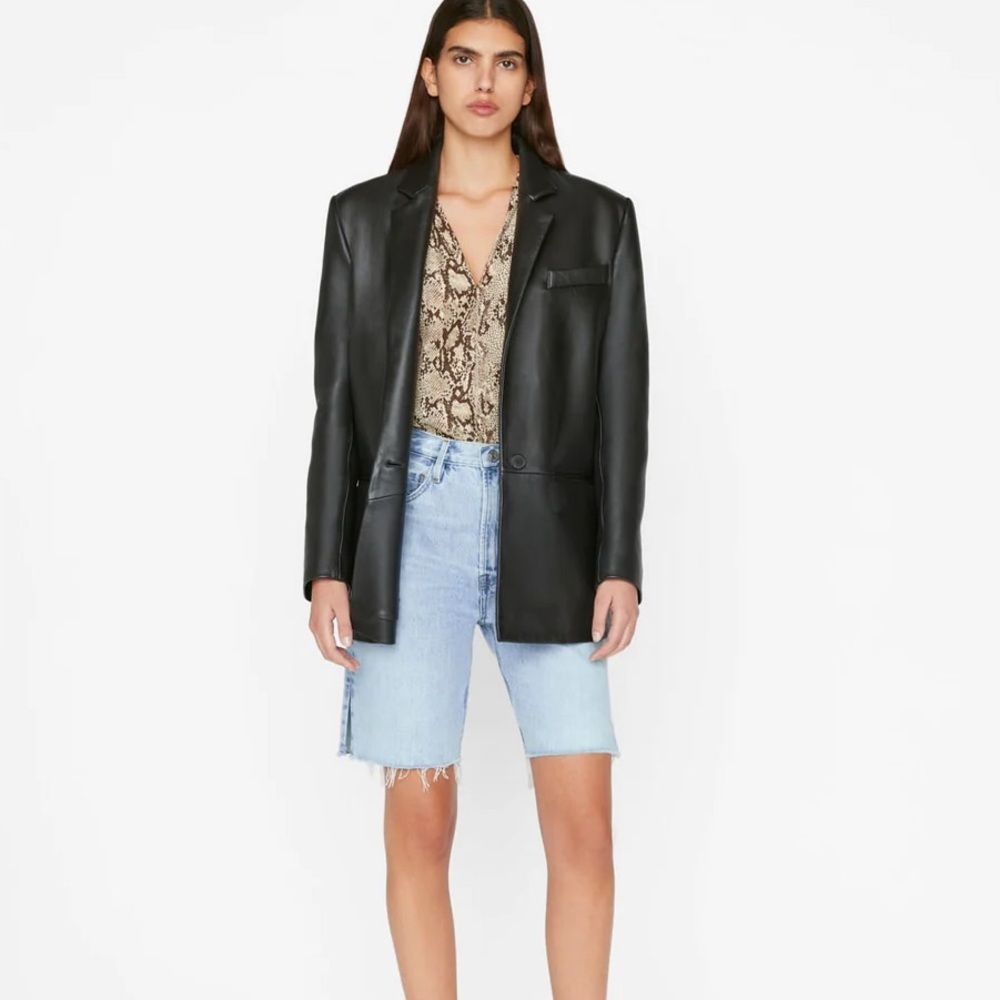 Frame High Rise Bermuda Raw Jean Shorts in Rossum 1 Year
